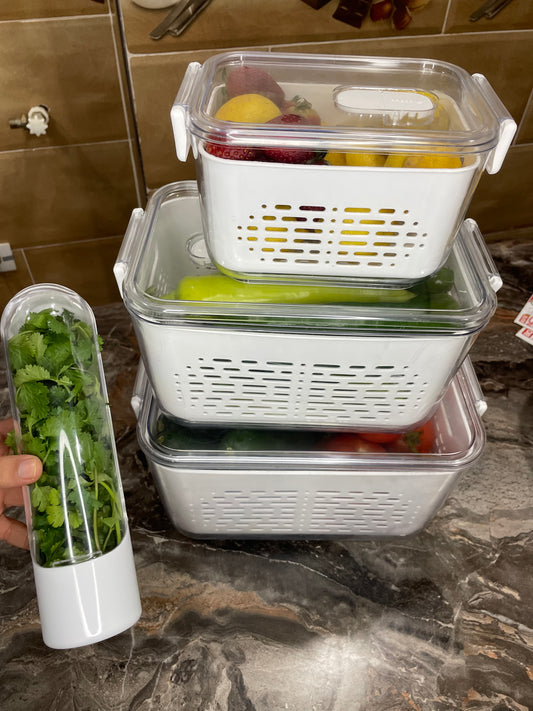 🎁مجموعة مكونة من 3 صناديق تخزين للثلاجة مع غطاء، وصناديق فواكه وخضروات طازجة +🎁هدية